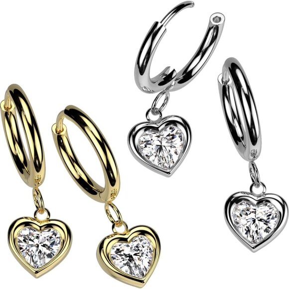 18GA Stainless Steel CZ Heart Dangling Huggie Hoop Earrings for Men, Gold Tone, - Picture 3 of 4